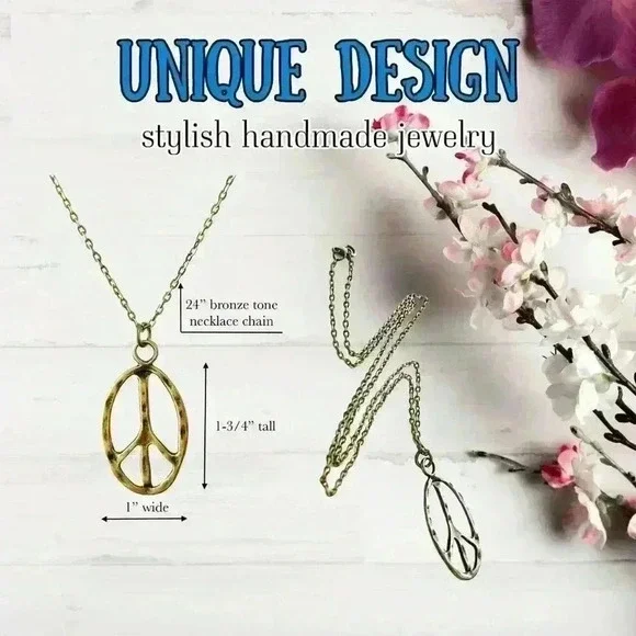 Peace sign necklace hippie accessories hippie jewelry for women bronze - Picture 4 of 8